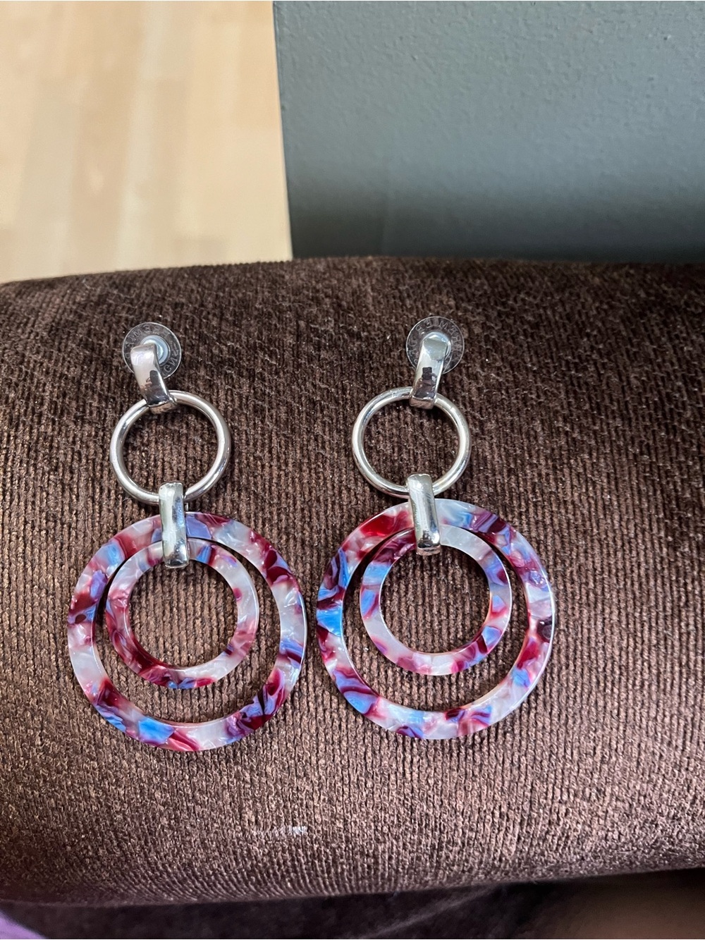 Premier Acrylic Pink & Blue Double Hoop Drop Earrings